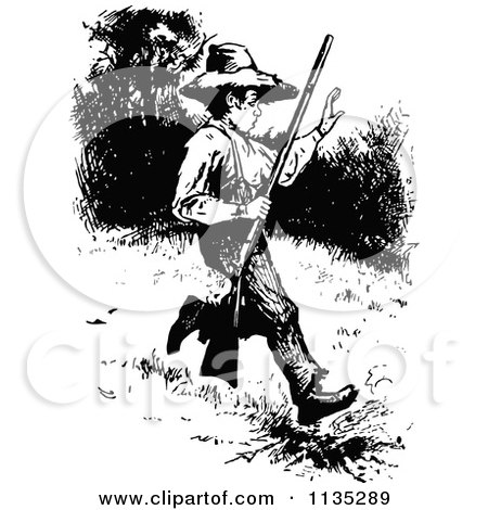 Clipart Of A Retro Vintage Black And White Boy Hunting - Royalty Free Vector Illustration by Prawny Vintage