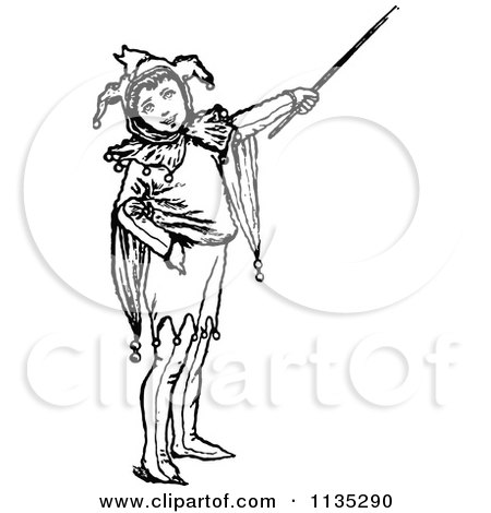 Clipart Of A Retro Vintage Black And White Jester Boy Pointing - Royalty Free Vector Illustration by Prawny Vintage