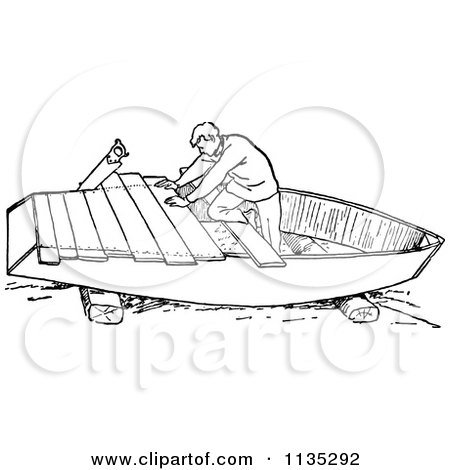 Clipart Of A Retro Vintage Black And White Man Building A Boat - Royalty Free Vector Illustration by Prawny Vintage