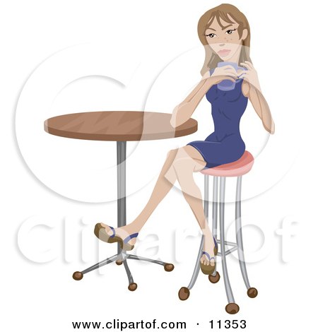 Beautiful Young Woman Sitting at a Table, Drinking Tea or Coffee Alone Clipart Illustration by AtStockIllustration
