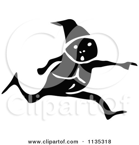 Clipart Of A Retro Vintage Black And White Elf Running And Pointing - Royalty Free Vector Illustration by Prawny Vintage