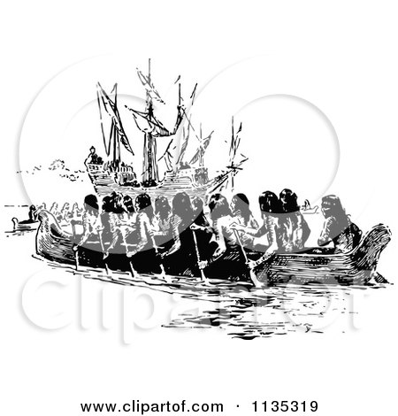 Clipart Of Retro Vintage Black And White Natives In A Canoe By A Ship - Royalty Free Vector Illustration by Prawny Vintage