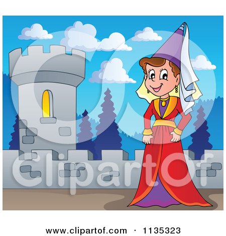 Cartoon Of A Medieval Queen On A Fortress - Royalty Free Vector Clipart by visekart
