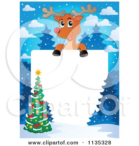 Cartoon Of A Christmas Tree And Reindeer Border - Royalty Free Vector Clipart by visekart