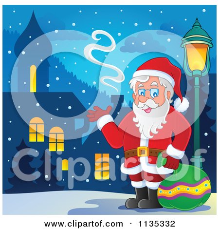 Cartoon Of Santa By A Street Light In A Village - Royalty Free Vector Clipart by visekart