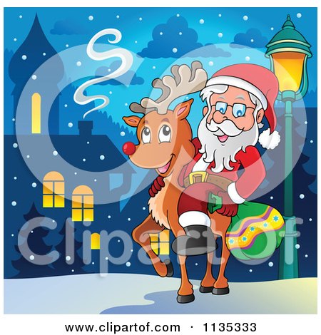 Cartoon Of Santa On A Reindeer By A Street Light In A Village - Royalty Free Vector Clipart by visekart