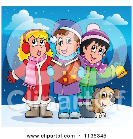 Cartoon Of Children Singing Christmas Carols In The Snow - Royalty Free Vector Clipart by visekart