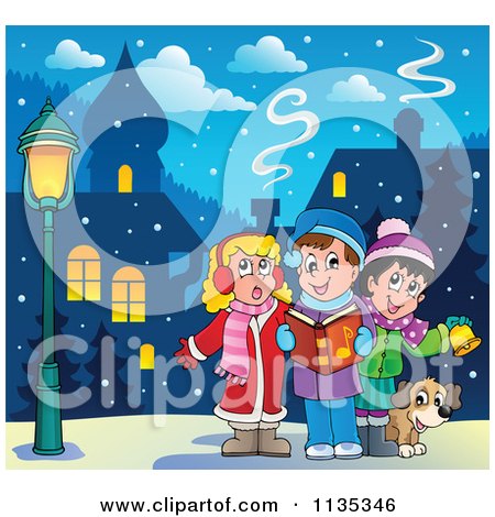 Cartoon Of Children Singing Christmas Carols In A Village - Royalty Free Vector Clipart by visekart