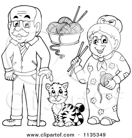Cartoon Of Outlined Senior Grandparents With Yarn And A Cat - Royalty Free Vector Clipart by visekart