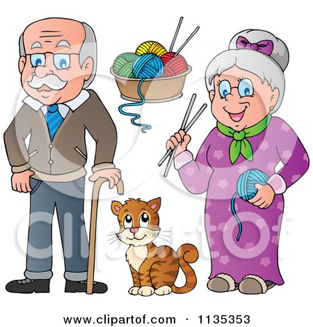Cartoon Of Senior Grandparents With Yarn And A Cat - Royalty Free Vector Clipart by visekart