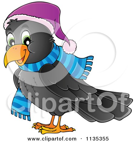 Cartoon Of A Happy Winter Raven In A Hat And Scarf - Royalty Free Vector Clipart by visekart