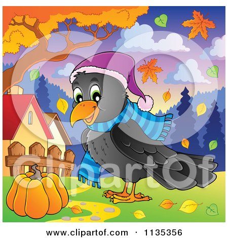 Cartoon Of A Happy Autumn Raven In A Hat And Scarf - Royalty Free Vector Clipart by visekart