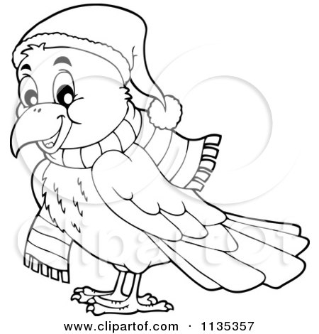 Cartoon Of An Outlined Winter Raven In A Hat And Scarf - Royalty Free Vector Clipart by visekart