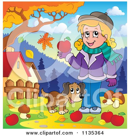 Cartoon Of A Girl And Dog With Mushrooms And Apples Under An Autumn Tree - Royalty Free Vector Clipart by visekart