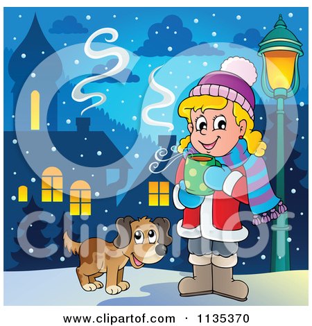 Cartoon Of A Dog By A Girl Drinking Hot Cocoa - Royalty Free Vector Clipart by visekart