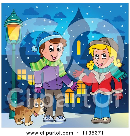Cartoon Of A Dog By A Boy And Girl In Scarves And Hats - Royalty Free Vector Clipart by visekart