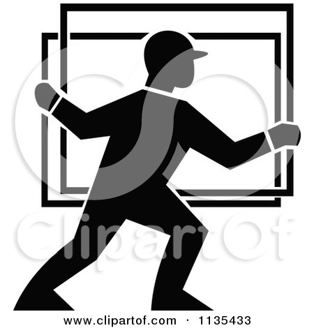 Clipart Of A Black And White Glass Delivery Worker - Royalty Free Vector Illustration by patrimonio