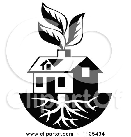 Clipart Of A Black And White House With Roots And Leaves Through The Chimney - Royalty Free Vector Illustration by patrimonio