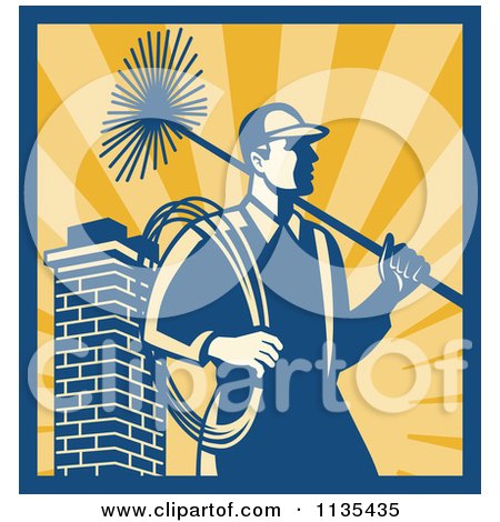 Clipart Of A Retro Chimney Sweep Worker Over Rays - Royalty Free Vector Illustration by patrimonio