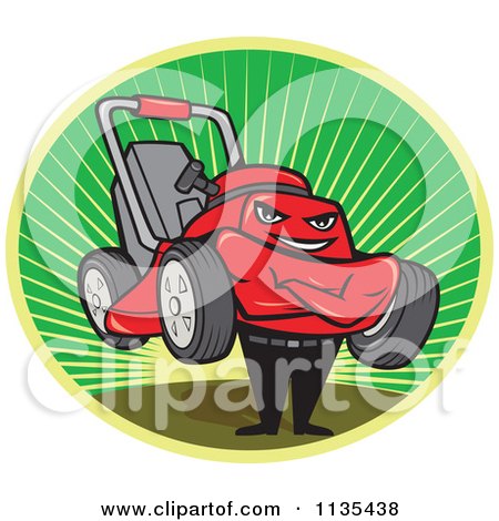 Clipart Of A Lawn Mower Man With Folded Arms In A Sunrise Oval - Royalty Free Vector Illustration by patrimonio