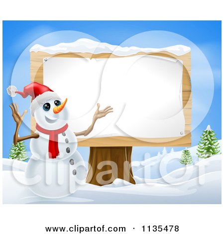 Clipart Of A Christmas Snowman Presenting A Wooden Sign - Royalty Free Vector Illustration by AtStockIllustration
