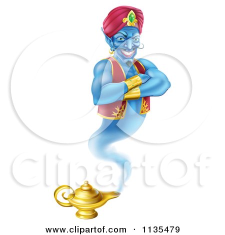 Clipart Of A Genie Emerging From His Lamp - Royalty Free Vector Illustration by AtStockIllustration