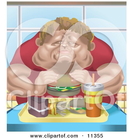 Chubby Man Eating a Tray Full of Fast Food Clipart Illustration by AtStockIllustration