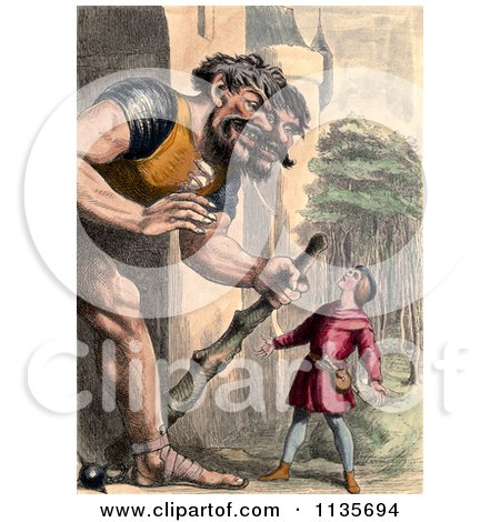 Clipart Of Jack Confronting A Two Headed Giant - Royalty Free Illustration by Prawny Vintage