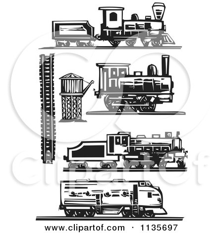 Clipart Of Trains And Locomotives Black And White Woodcut - Royalty Free Vector Illustration by xunantunich