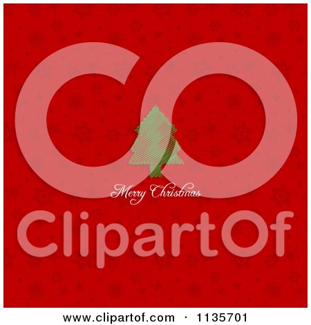 Clipart Of A Merry Christmas Greeting And Tree Over Red Snowflakes - Royalty Free Vector Illustration by KJ Pargeter