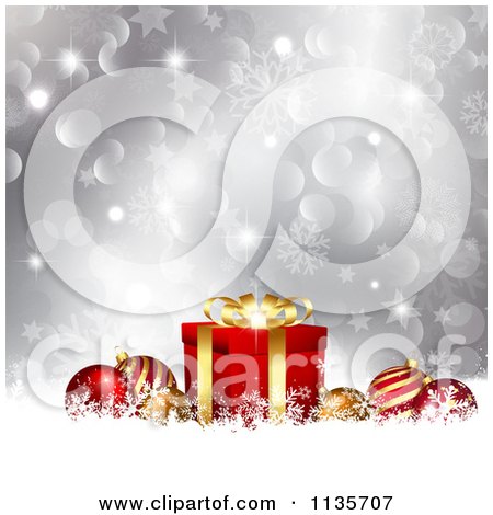 Clipart Of A Silver Christmas Background With Baubles Gifts Bokeh And Snowflakes - Royalty Free Vector Illustration by KJ Pargeter