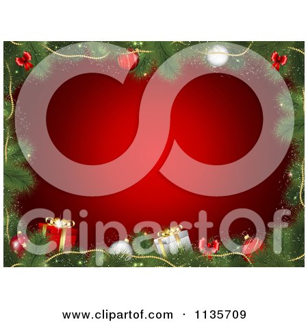 Clipart Of A Fir Tree Christmas Frame With Presents And Baubles Over Red - Royalty Free Vector Illustration by KJ Pargeter