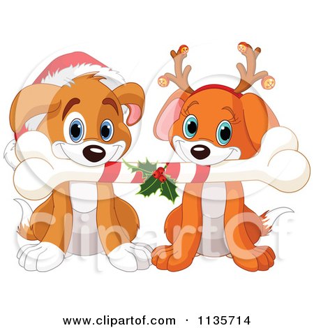Cartoon Of Cute Christmas Puppies With A Bone Santa Hat And Antlers - Royalty Free Vector Clipart by Pushkin