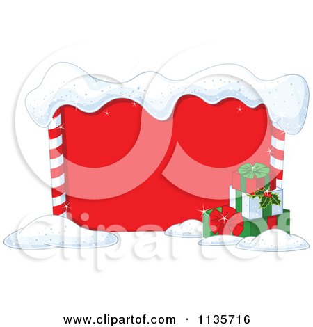 Cartoon Of A Red Christmas Frame With Snow And Presents - Royalty Free Vector Clipart by Pushkin