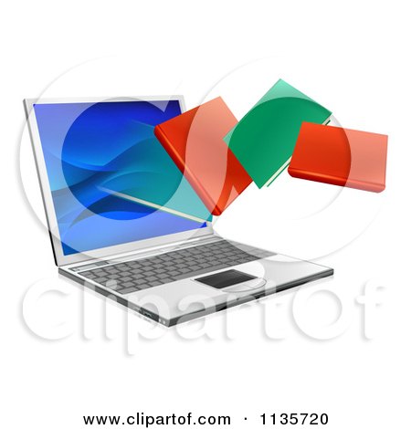 Clipart Of 3d Books Flying From A Laptop Computer - Royalty Free Vector Illustration by AtStockIllustration