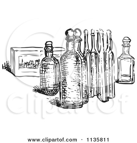 Clipart Of Retro Vintage Eau De Cologne Bottles In Black And White - Royalty Free Vector Illustration by Picsburg