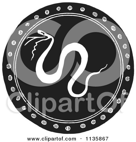 Clipart Of A Retro Vintage Black And White Emblazoned Greek Snake Shield - Royalty Free Vector Illustration by Picsburg