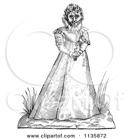 Clipart Of A Retro Vintage Fantasy Hairy Woman Maphoon Black And White - Royalty Free Vector Illustration by Picsburg