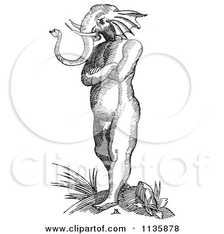 Clipart Of A Retro Vintage Fantasy Elephant Headed Man Black And White - Royalty Free Vector Illustration by Picsburg