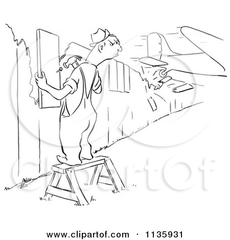 Clipart Of A Retro Vintage Worker Man Repairing A Fence As A Plane Crashes Through Another Section Black And White - Royalty Free Vector Illustration by Picsburg