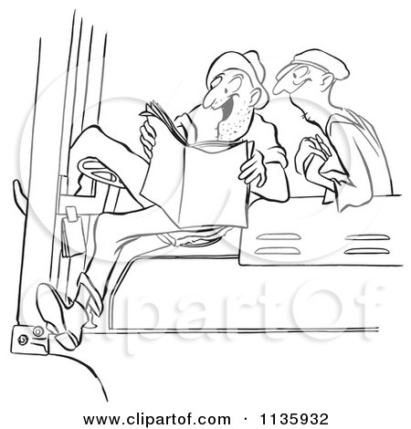 Clipart Of A Retro Vintage Worker Men Reading An Exciting Story Black And White - Royalty Free Vector Illustration by Picsburg