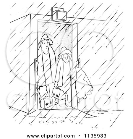 Clipart Of Retro Vintage Worker Men Contemplating Going Out In The Rain Black And White - Royalty Free Vector Illustration by Picsburg