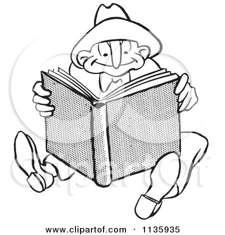 Clipart Of A Retro Vintage Man Reading A Book Black And White - Royalty Free Vector Illustration by Picsburg