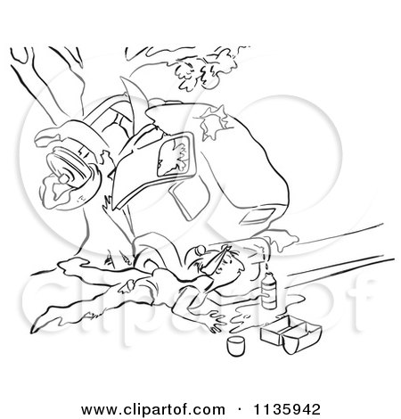 Clipart Of A Retro Vintage Man Collecting Gas From A Leaky Tank After A Car Wreck Black And White - Royalty Free Vector Illustration by Picsburg