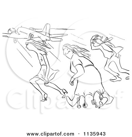 Clipart Of A Retro Vintage Creative Woman And Two Others In Strong Wind At The Airport Black And White - Royalty Free Vector Illustration by Picsburg