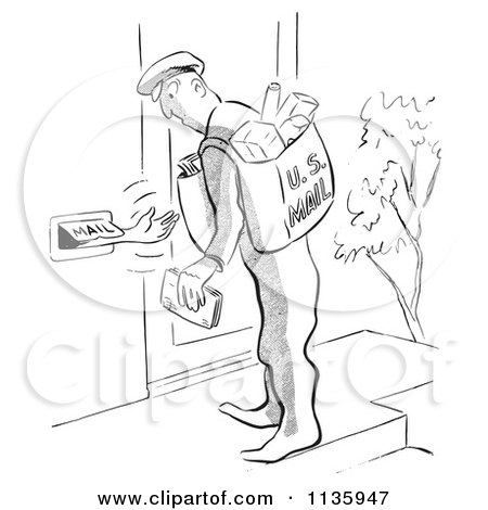 Clipart Of A Retro Vintage Person Reaching Out Of A Mail Slot To The Postal Worker Black And White - Royalty Free Vector Illustration by Picsburg