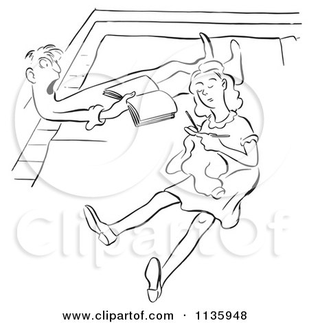 Clipart Of A Retro Vintage Couple Reading And Knitting On Their Floor Black And White - Royalty Free Vector Illustration by Picsburg