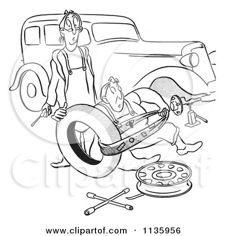 Clipart Of A Retro Vintage Man And Woman Struggling With Changing A Car Tire Black And White - Royalty Free Vector Illustration by Picsburg