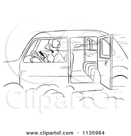Clipart Of A Retro Vintage Man Smoking A Cigar In A Car With An Open Door Black And White - Royalty Free Vector Illustration by Picsburg