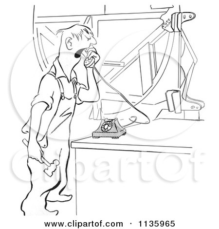 Clipart Of A Retro Vintage Worker Man Yelling Into A Phone Black And White - Royalty Free Vector Illustration by Picsburg